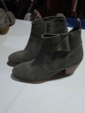 Diba Olive Suede Ankle Booties with Stacked Heel